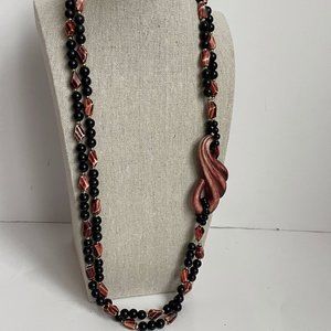 Vintage Lucite Multistrand Black Purple Beaded Necklace 14” dia